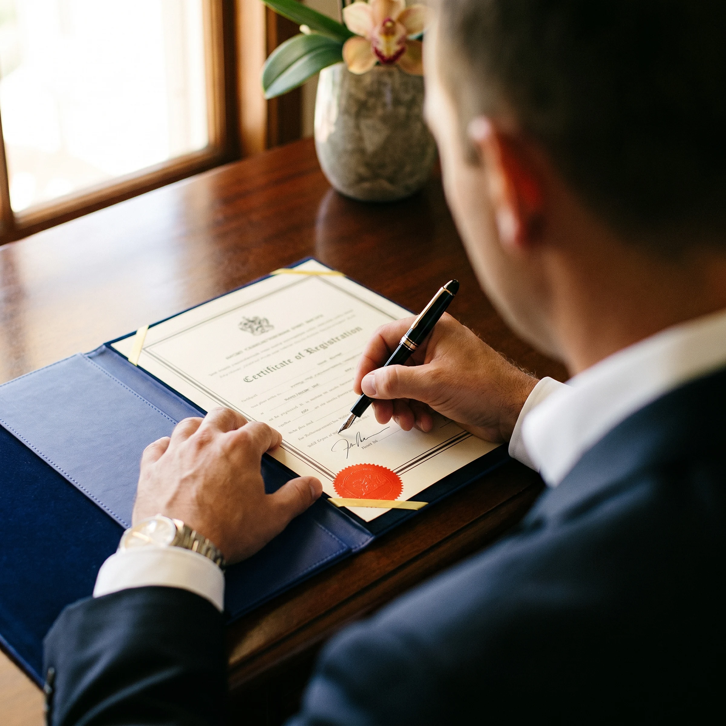 A principal signing his Certificate of Registration with a fountain pen, official wax seal visible on the document — the moment that closes a citizenship file cleanly.