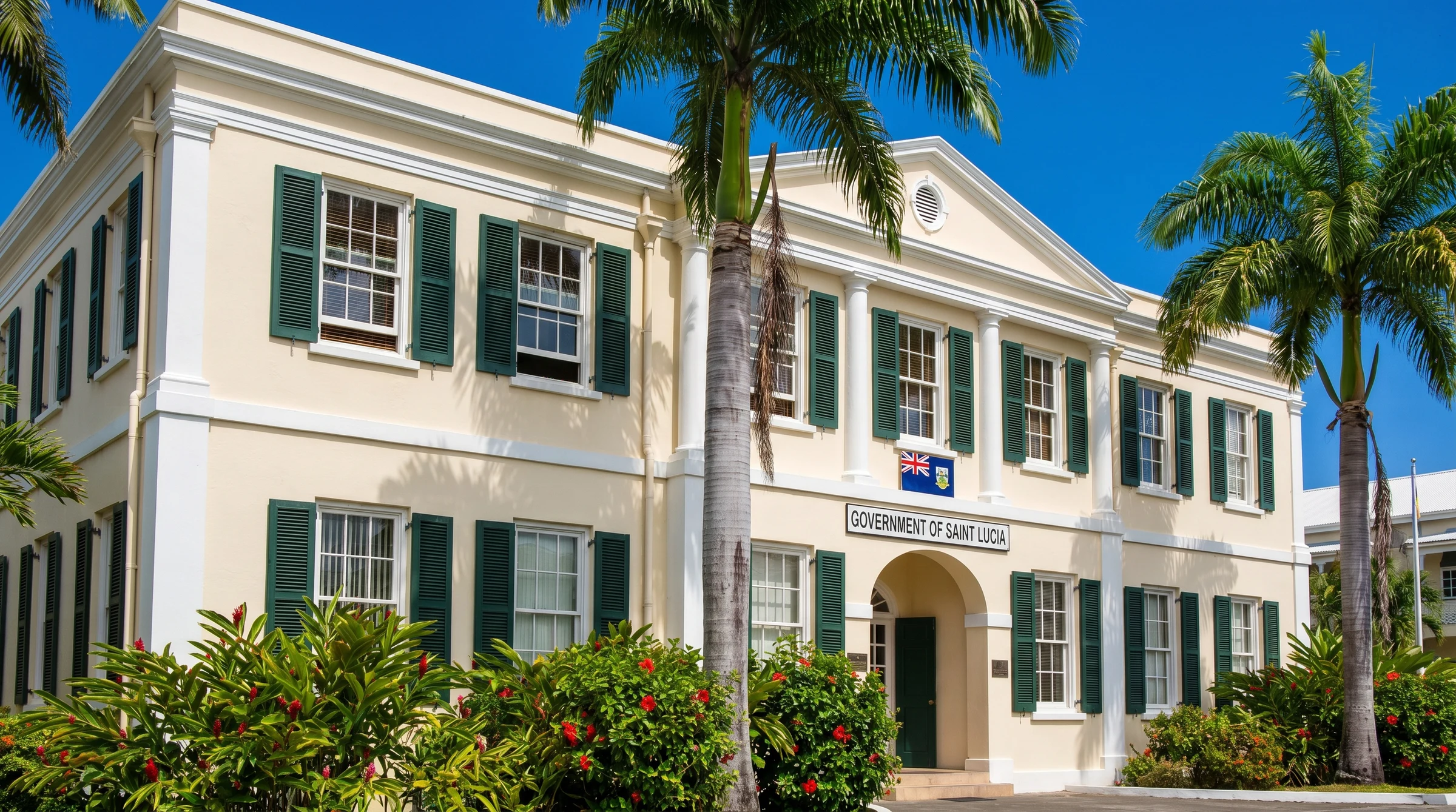 The colonial Government of Saint Lucia building exterior in Castries — the formal architectural register of the country's regulatory authority.