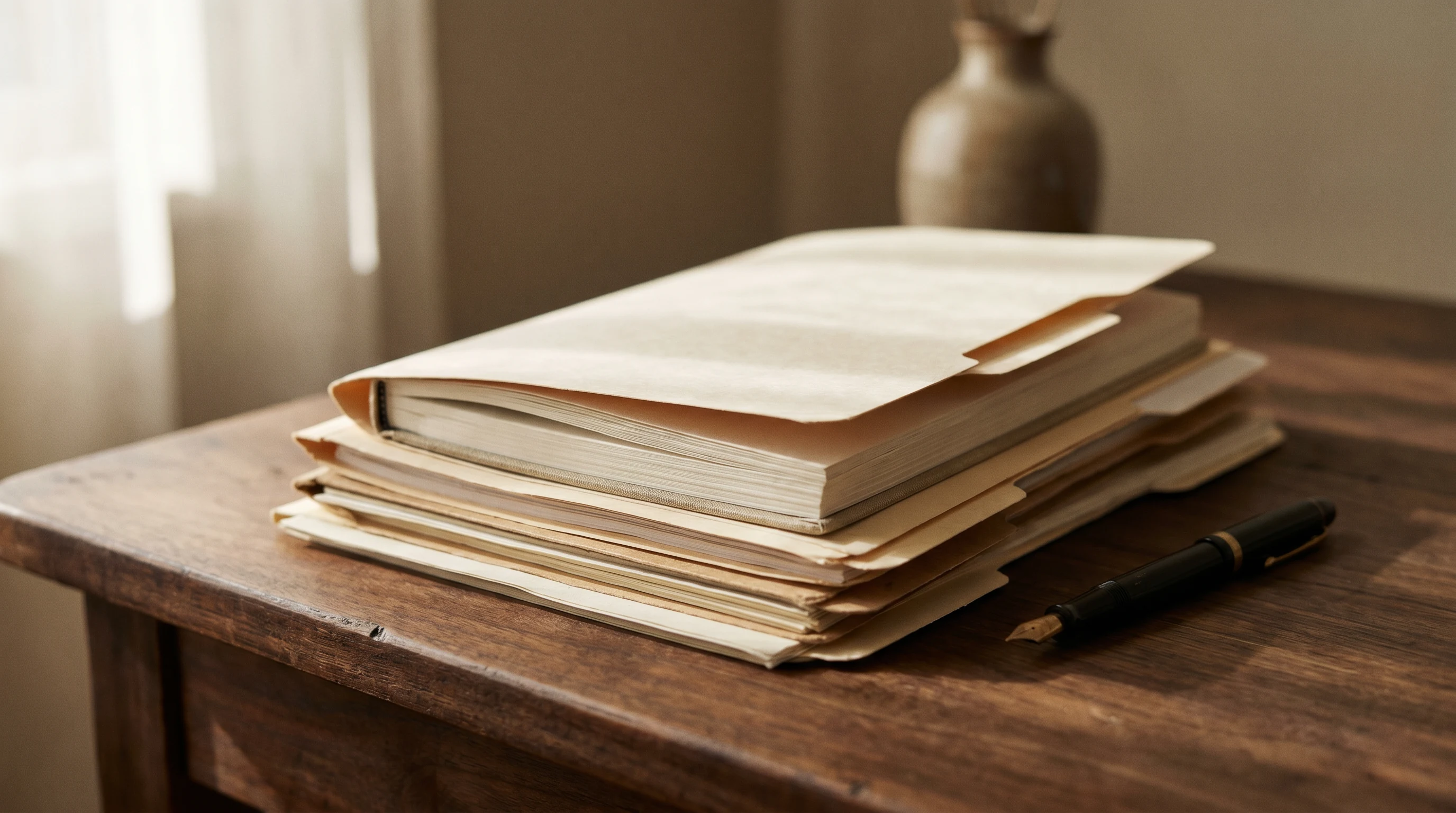 A stack of cream document folders on warm walnut, top folder slightly open, with a fountain pen beside — rigorous documentation, the visual register of by-the-book practice