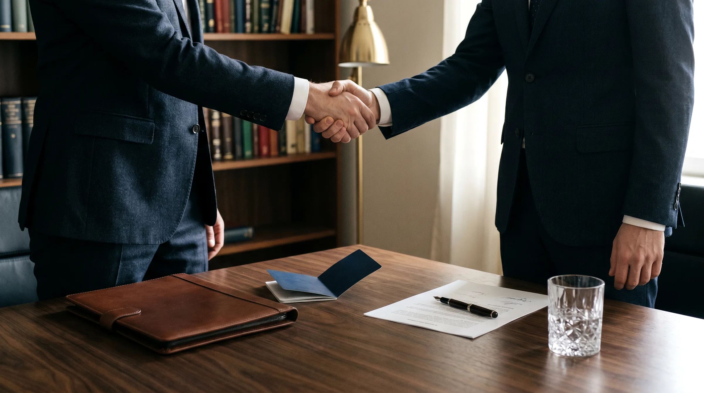 A handshake over a signed document on a desk — the quiet moment of an agreement reaching closure.